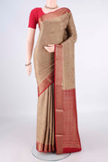 Dark Beige Mysore Crepe Saree with Zari Brocade on the body and Zari Border.  displayed on a mannequin