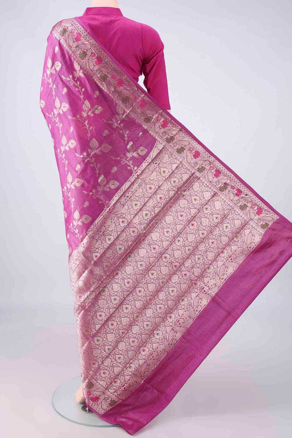Flat view of Pink Banarasi Tussar Saree with Zari And Thread Butta on the body and Zari And Thread Border. 