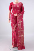 Rani Pink Banarasi Tussar Saree with Zari Butta on the body and Zari Border.  displayed on a mannequin