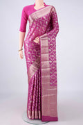 Rani Pink Banarasi Tussar Saree with Zari Brocade on the body and Zari And Thread Border.  displayed on a mannequin