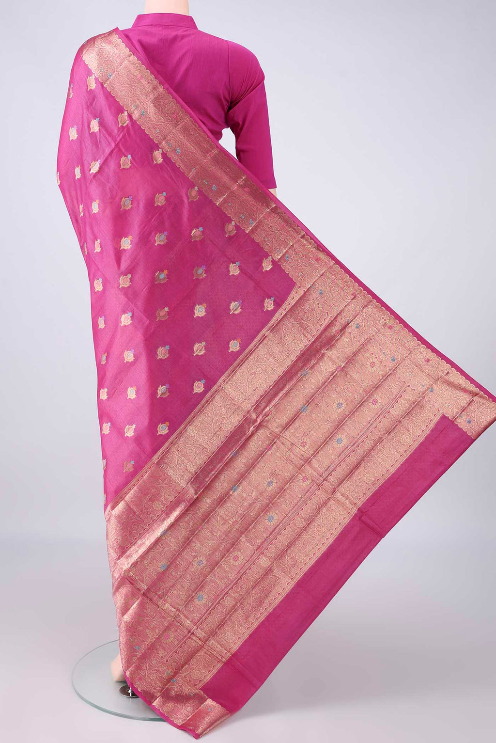 Flat view of Pink Banarasi Tussar Saree with Zari And Thread Butta on the body and Zari And Thread Border. 