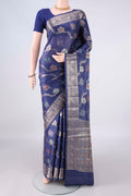 Royal Blue Banarasi Tussar Saree with Zari Brocade on the body and Zari And Thread Border.  displayed on a mannequin