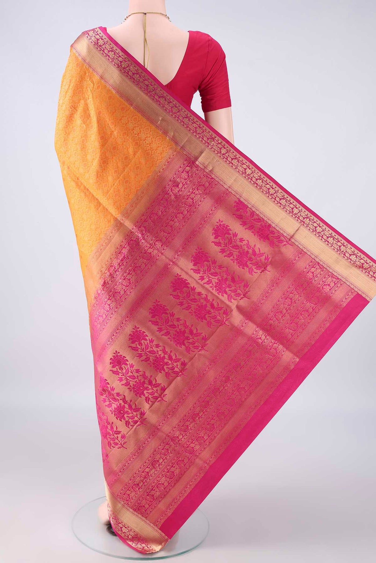 Flat view of Pure Silk Yellow Soft Saree with Zari Brocade on the body and Zari Border. 