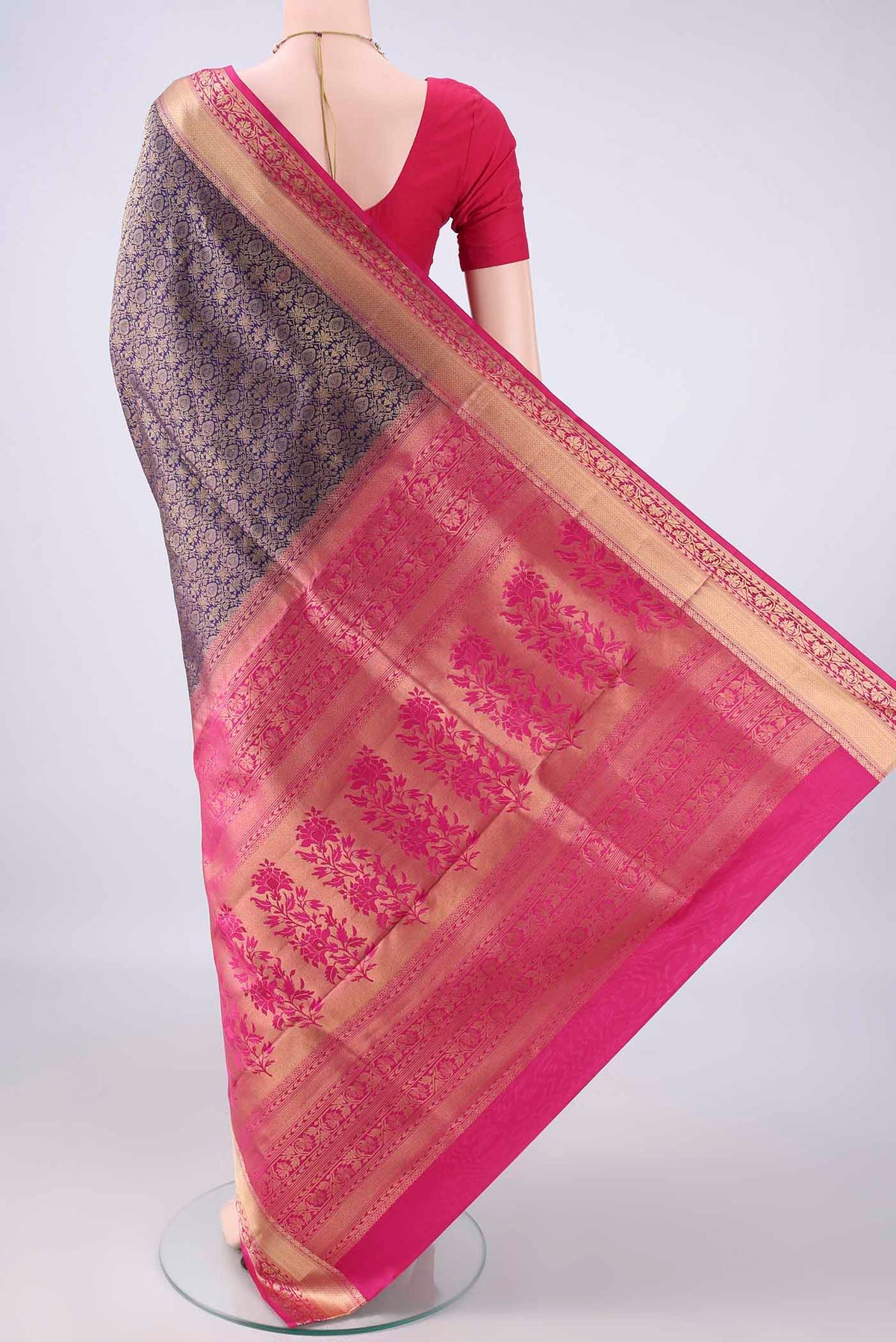 Flat view of Pure Silk Navy Blue Soft Saree with Zari Brocade on the body and Zari Border. 