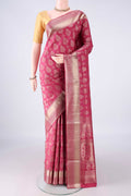 Pure Silk Imperial Pink Soft Saree with Zari Butta on the body and Zari Border.  displayed on a mannequin