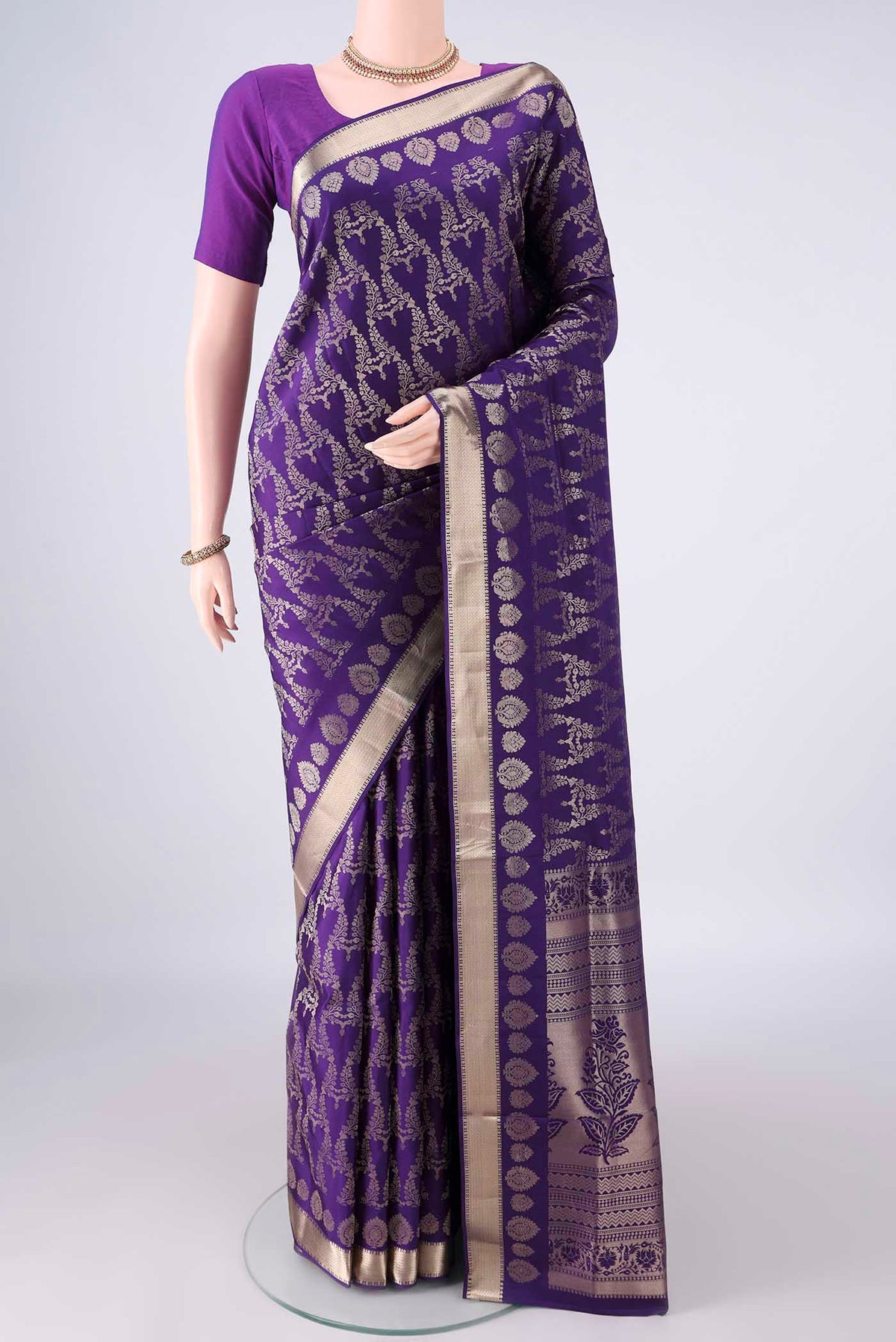 Pure Silk Violet Soft Saree with Zari Brocade on the body and Zari Border.  displayed on a mannequin