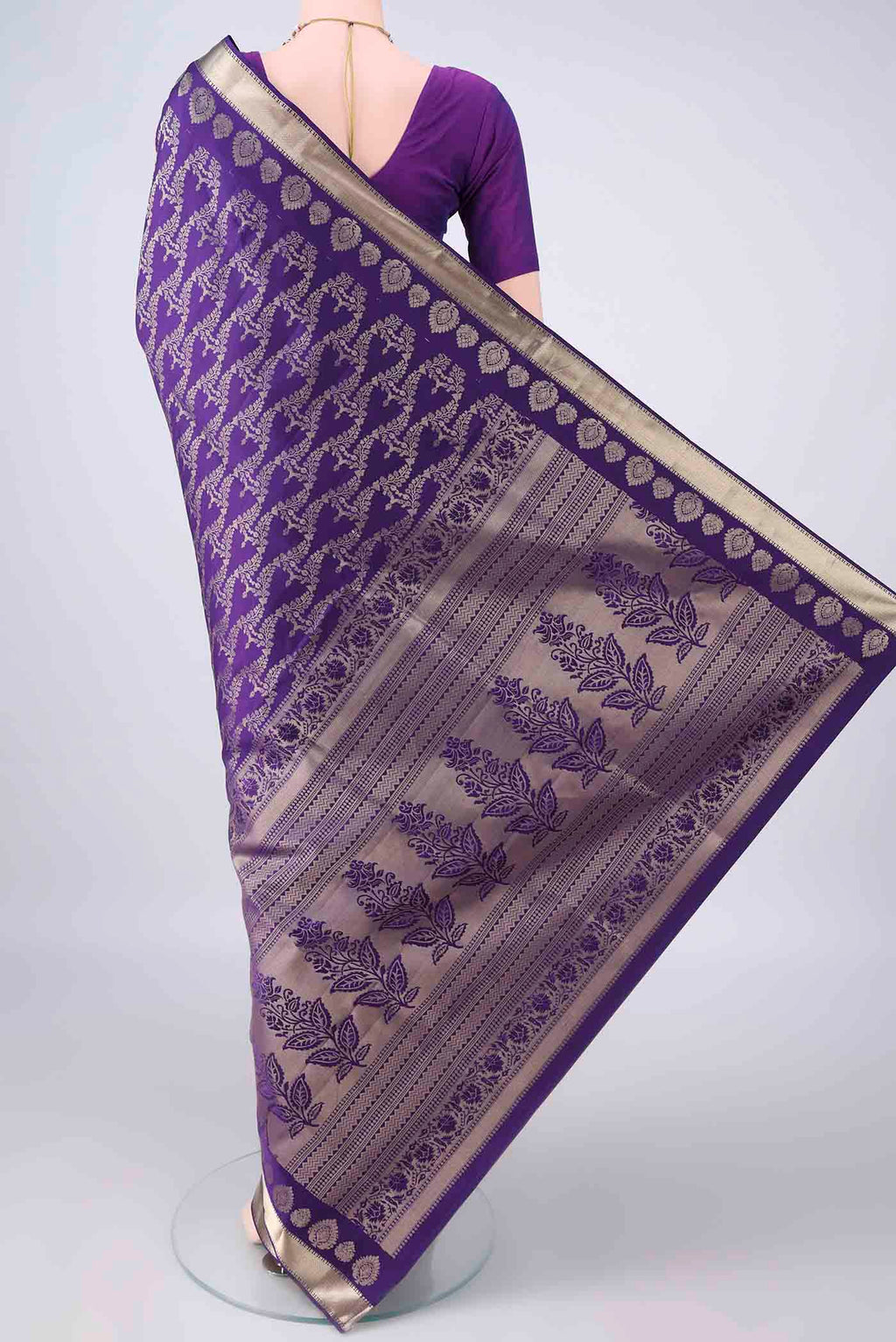 Flat view of Pure Silk Violet Soft Saree with Zari Brocade on the body and Zari Border. 