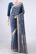 Pure Silk Maya Blue Soft Saree with Zari Brocade on the body and Zari Border.  displayed on a mannequin