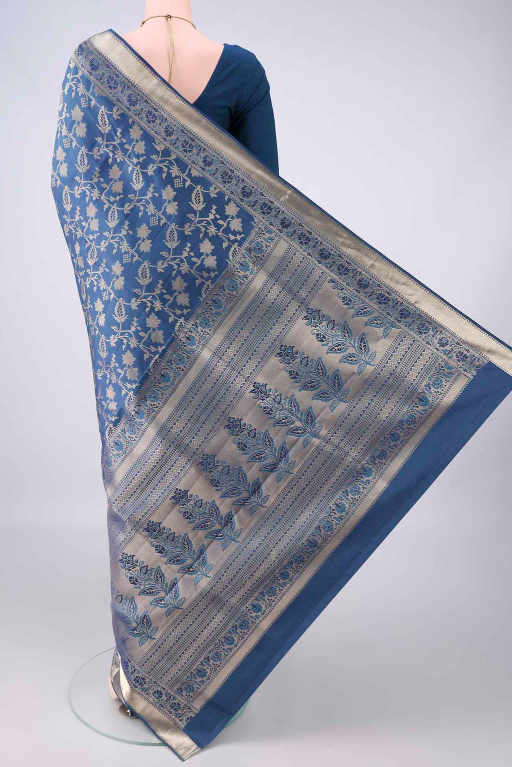 Flat view of Pure Silk Maya Blue Soft Saree with Zari Brocade on the body and Zari Border. 