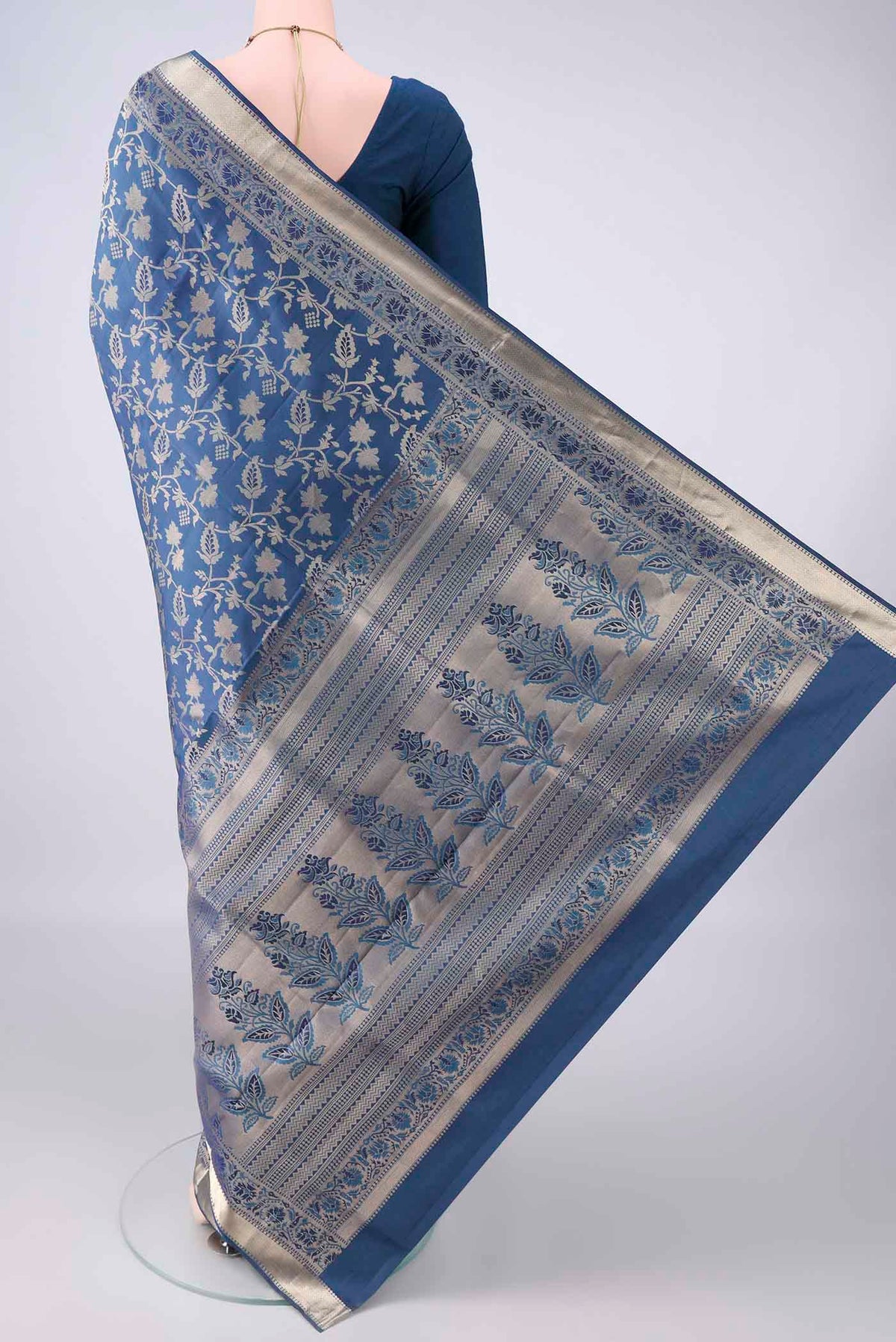 Flat view of Pure Silk Maya Blue Soft Saree with Zari Brocade on the body and Zari Border. 