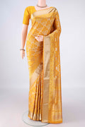 Pure Silk Yellow Soft Saree with Zari Brocade on the body and Zari Border.  displayed on a mannequin