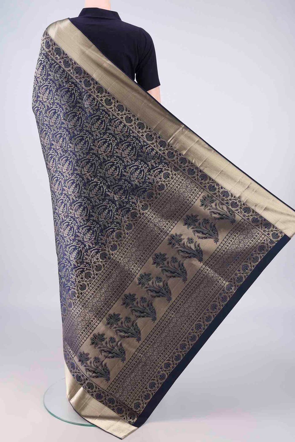 Flat view of Pure Silk Navy Blue Soft Saree with Zari Brocade on the body and Zari Border. 