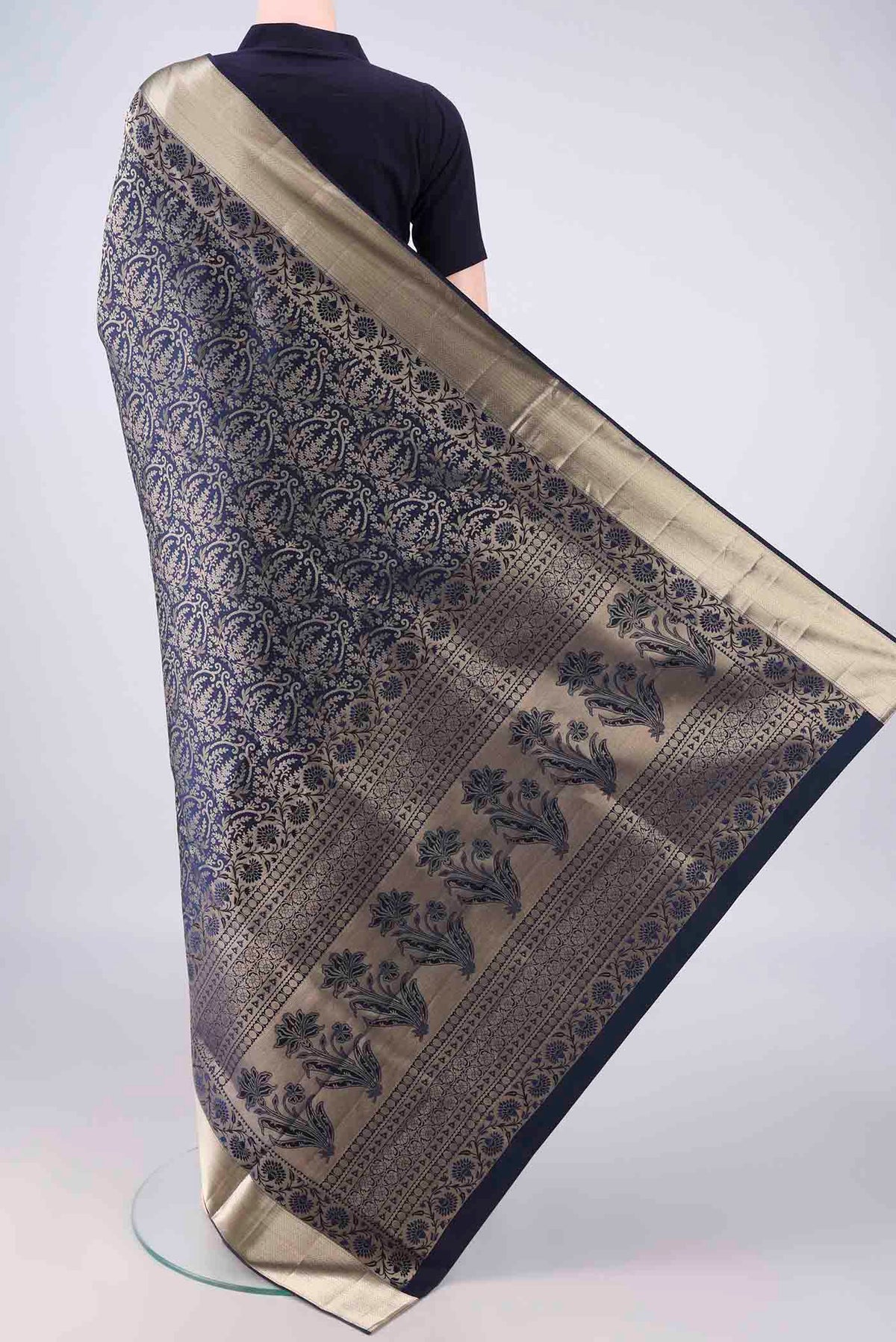 Flat view of Pure Silk Navy Blue Soft Saree with Zari Brocade on the body and Zari Border. 
