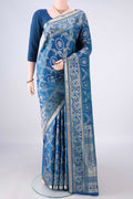 Pure Silk Peacock Blue Soft Saree with Zari Brocade on the body and Zari Border.  displayed on a mannequin