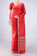Pure Silk Red Banarasi Raw Saree with Zari Butta on the body and Zari Border.  displayed on a mannequin