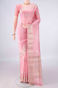 Pure Silk Rose pink Banarasi Raw Saree with Zari Butta on the body and Zari Border.  displayed on a mannequin