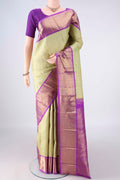 Pure Silk Pure Zari Pista Green Kanjivaram Saree with Jacquard design on the body and Zari Border.  displayed on a mannequin