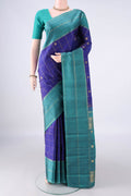 Pure Silk Royal Blue Kanjivaram Saree with Checked design on the body and Zari Border.  displayed on a mannequin