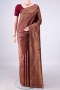 Pure Silk Magenta Dual Tone Kanchipuram Saree with Zari Brocade on the body and Zari Border.  displayed on a mannequin