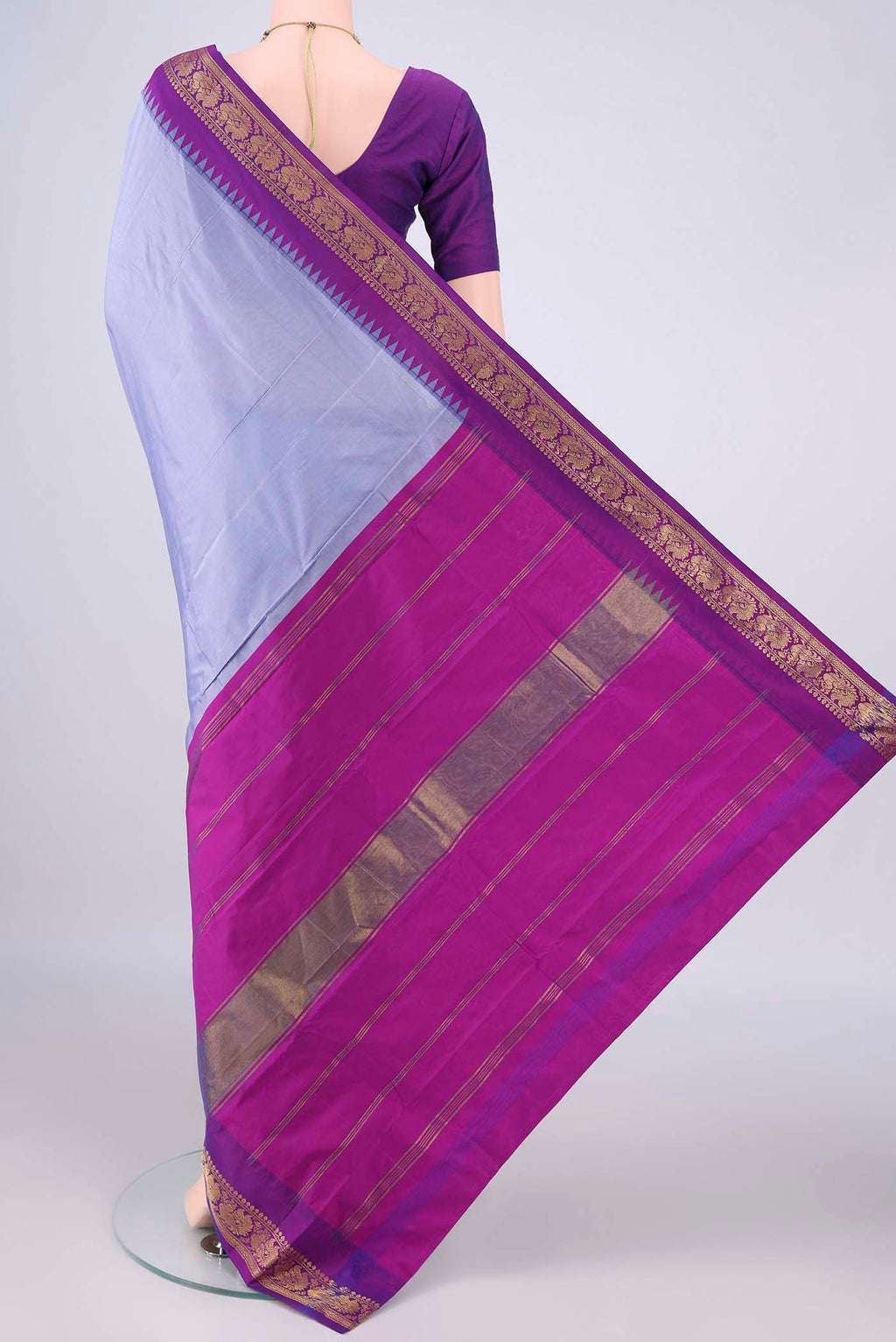 Flat view of Light Blue Blended Bangalore Silk Saree with Plain Body and Zari Border. 