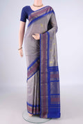 Grey Blended Bangalore Silk Saree with Zari Butta on the body and Zari Border.  displayed on a mannequin