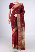 Maroon Blended Bangalore Silk Saree with Zari Butta on the body and Zari Border.  displayed on a mannequin