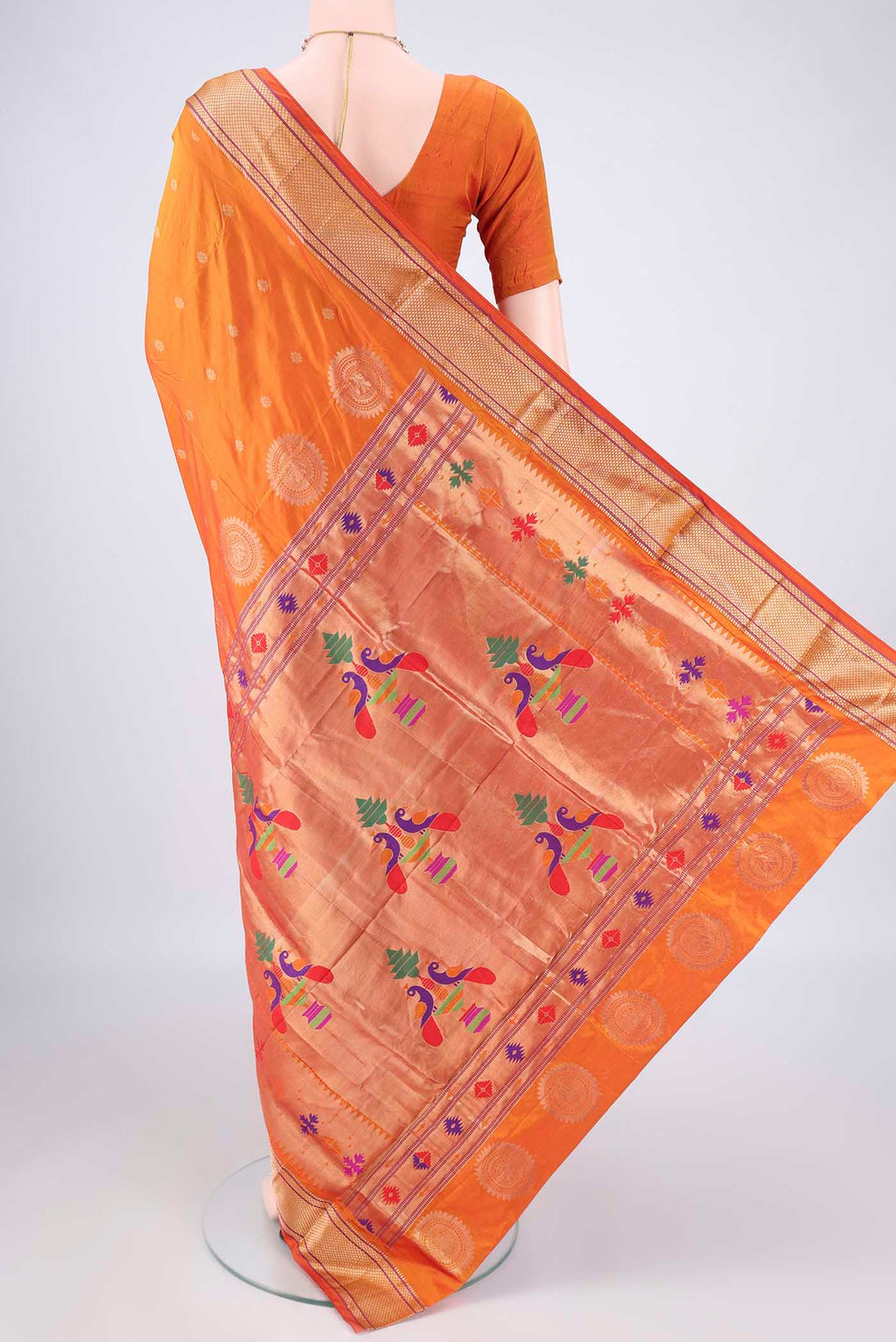 Flat view of Brick Orange Dual Tone Blended Paithani Silk Saree with Zari Butta on the body and Zari Border. 