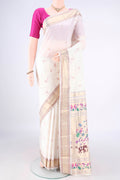 White Blended Paithani Silk Saree with Zari And Thread Butta on the body and Zari Border.  displayed on a mannequin