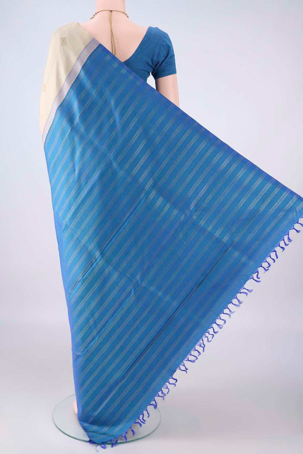 Flat view of Pure Silk Multi Color Kanchipuram Saree with Half And Half on the body and Without Border. 