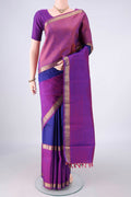 Pure Silk Royal Blue Kanchipuram Saree with Plain Body and Zari Border.  displayed on a mannequin