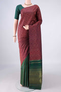 Pure Silk Multi Color Kanchipuram Saree with Zari Brocade on the body and Without Border.  displayed on a mannequin