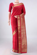 Pure Silk Pure Zari Red Kanjivaram Saree with Plain Body and Zari Border.  displayed on a mannequin