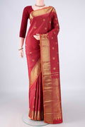 Pure Silk Pure Zari Maroon Kanjivaram Saree with Zari Butta on the body and Zari Border.  displayed on a mannequin