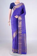 Pure Silk Pure Zari Royal Blue Kanjivaram Saree with Zari Butta on the body and Zari Border.  displayed on a mannequin