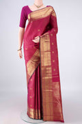 Pure Silk Pure Zari Dark Pink Kanjivaram Saree with Checked design on the body and Zari Border.  displayed on a mannequin