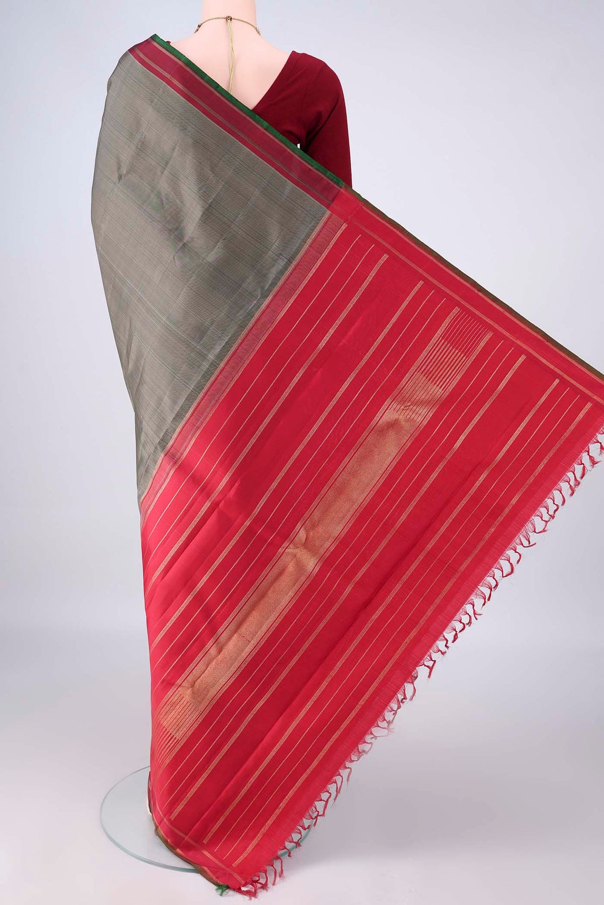 Flat view of Pure Silk Pure Zari Davys Grey Dual Tone Kanjivaram Saree with Plain Body and Zari Border. 