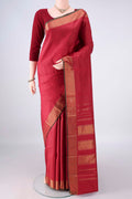 Pure Silk Red Kanjivaram Saree with Checked design on the body and Zari Border.  displayed on a mannequin
