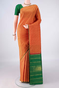 Pure Silk Brick Orange Kanjivaram Saree with Checked design on the body and Without Border.  displayed on a mannequin
