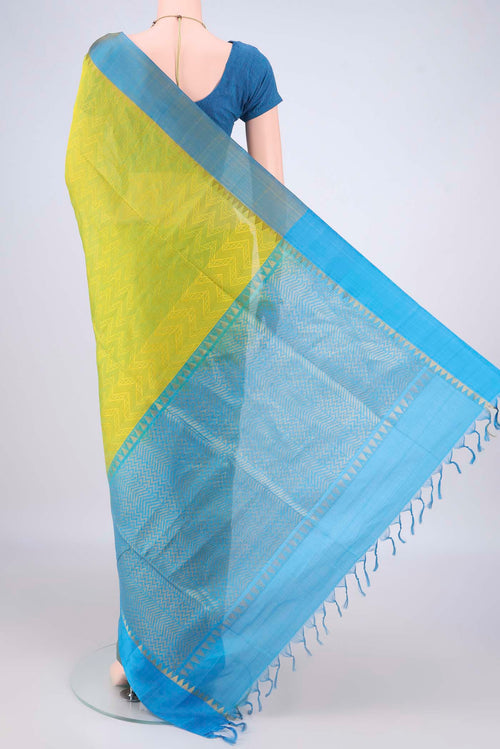 Flat view of Acid Green Coimbatore Cotton Saree with Jacquard design on the body and Zari Border. 
