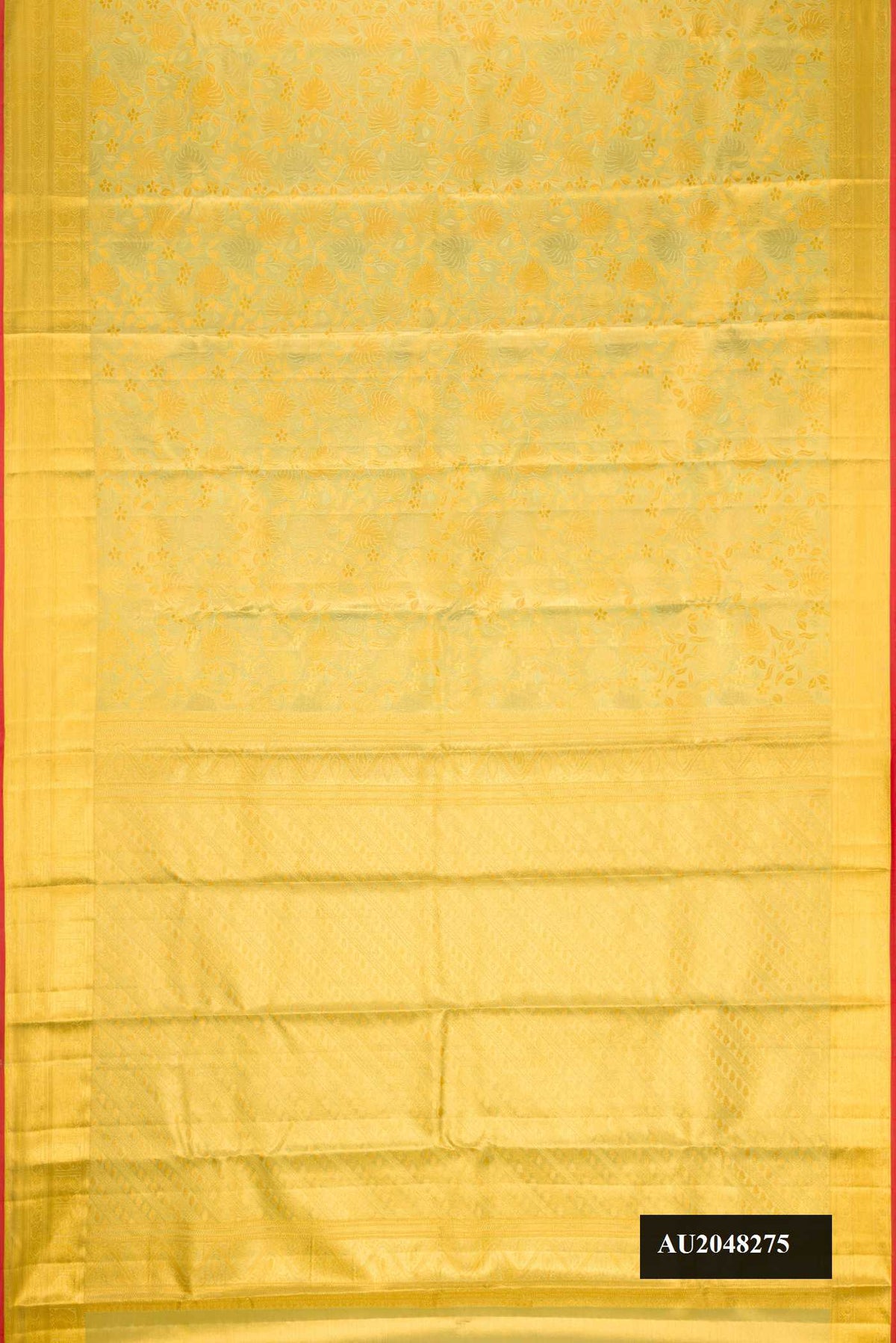Pista Green Dual Tone Kanchipuram Tissue Silk Saree with Zari Brocade on the body and Zari Border.  displayed on a mannequin