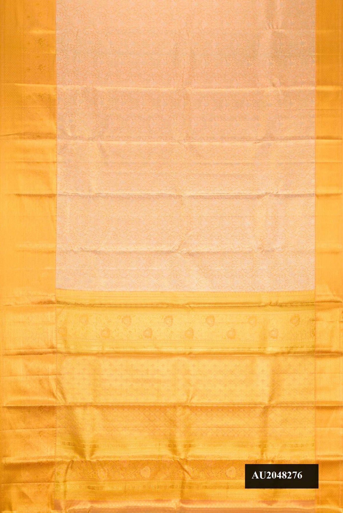 Rose Gold Dual Tone Kanchipuram Tissue Silk Saree with Zari Brocade on the body and Zari Border.  displayed on a mannequin