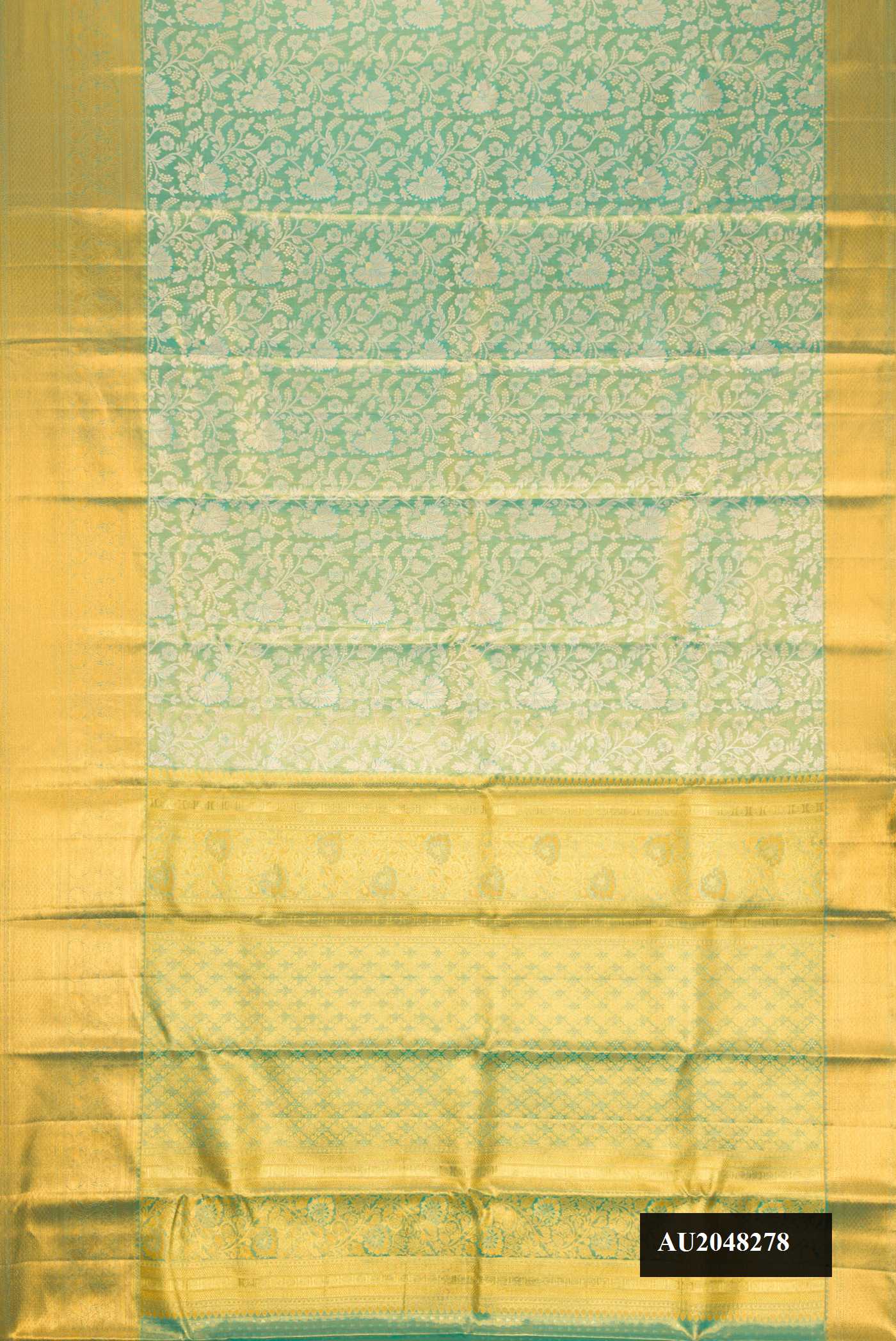 Light Blue Dual Tone Kanchipuram Silk Saree with Zari Brocade on the body and Zari Border.  displayed on a mannequin