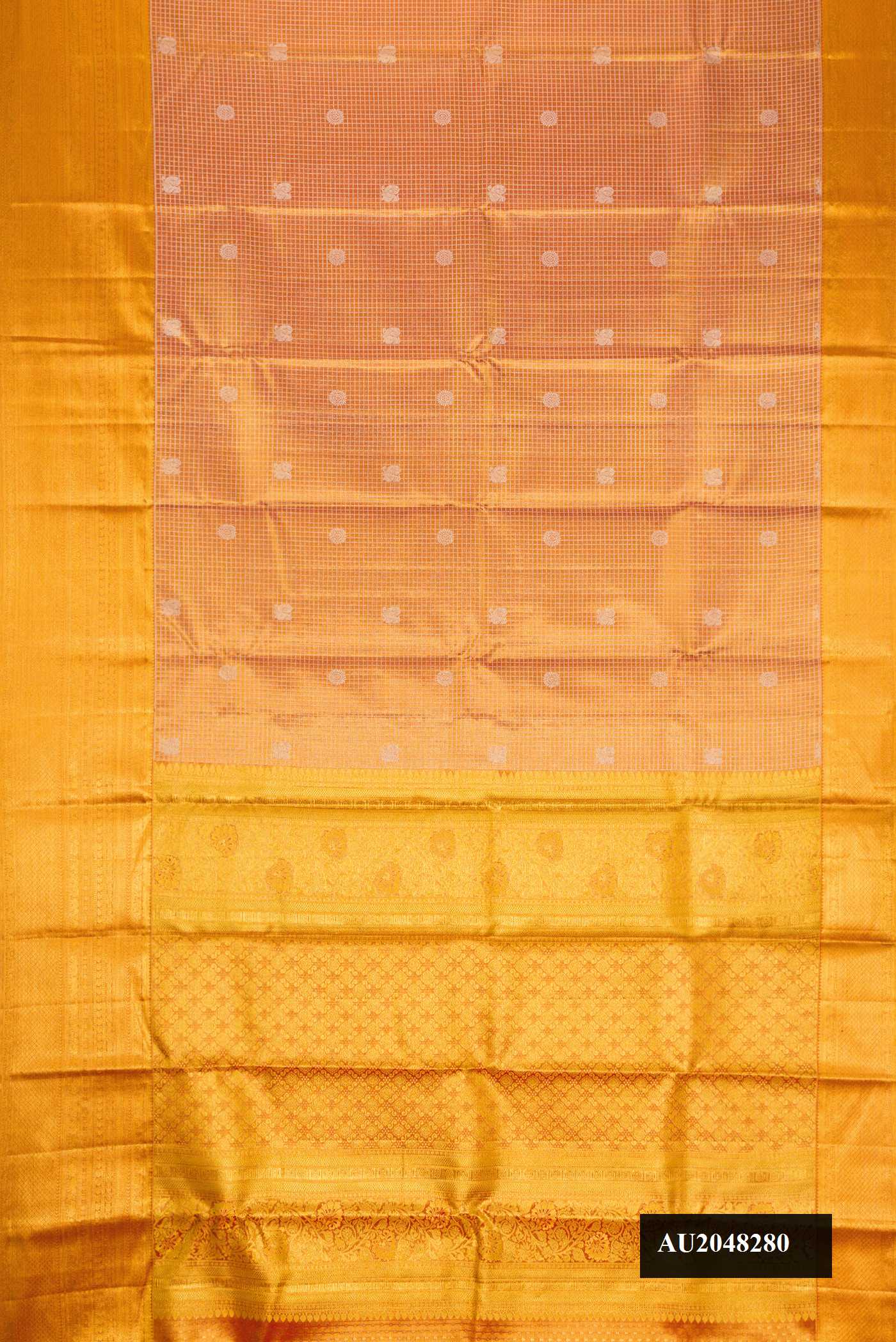 Rose Gold Dual Tone Kanchipuram Tissue Silk Saree with Zari Brocade on the body and Zari Border.  displayed on a mannequin
