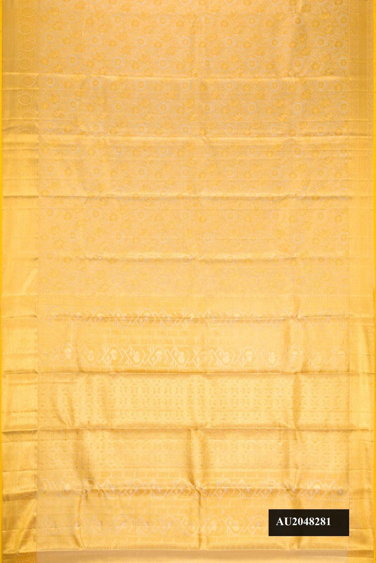 Gold Dual Tone Kanchipuram Tissue Silk Saree with Zari Brocade on the body and Zari Border.  displayed on a mannequin
