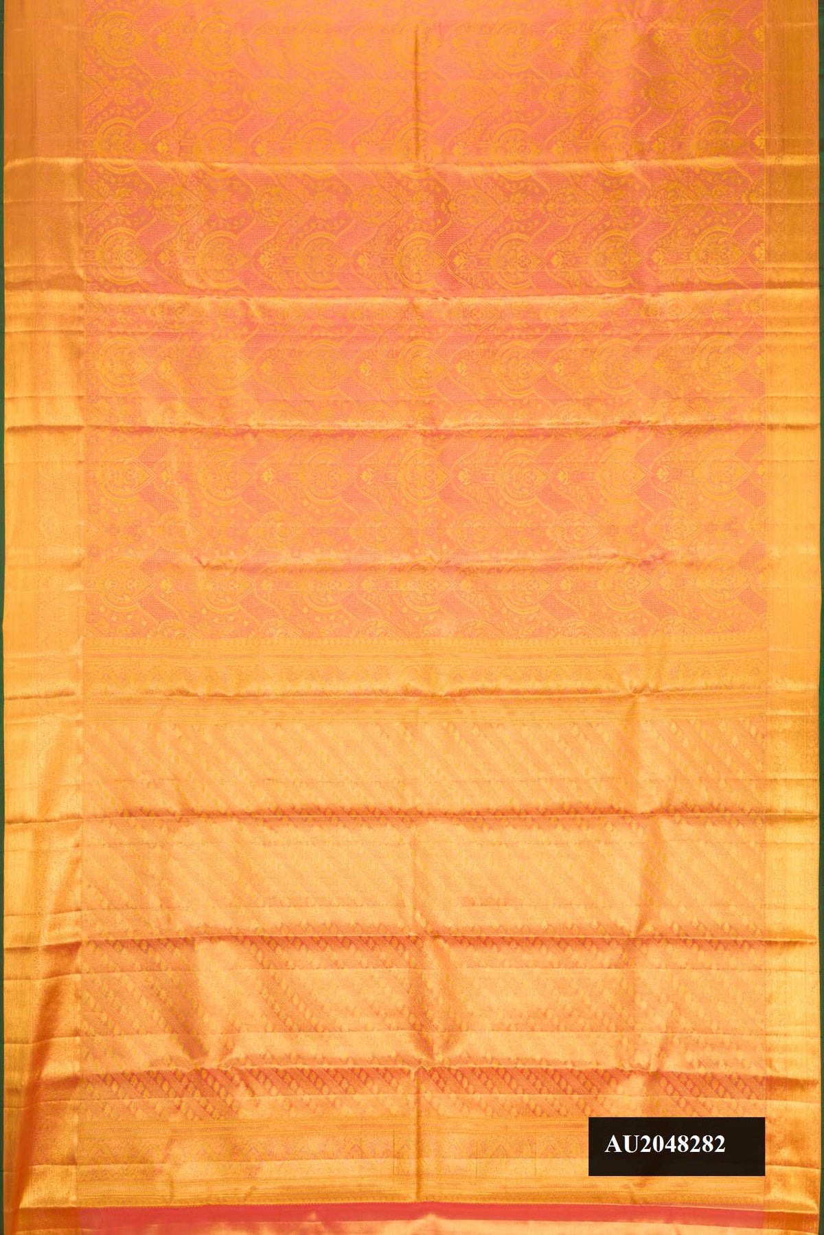 Red Dual Tone Kanchipuram Tissue Silk Saree with Zari Brocade on the body and Zari Border.  displayed on a mannequin
