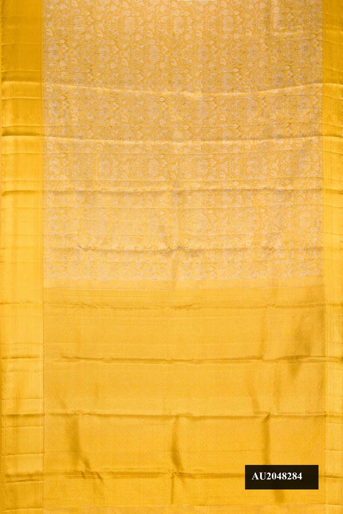 Gold Dual Tone Kanchipuram Tissue Silk Saree with Zari Brocade on the body and Zari Border.  displayed on a mannequin