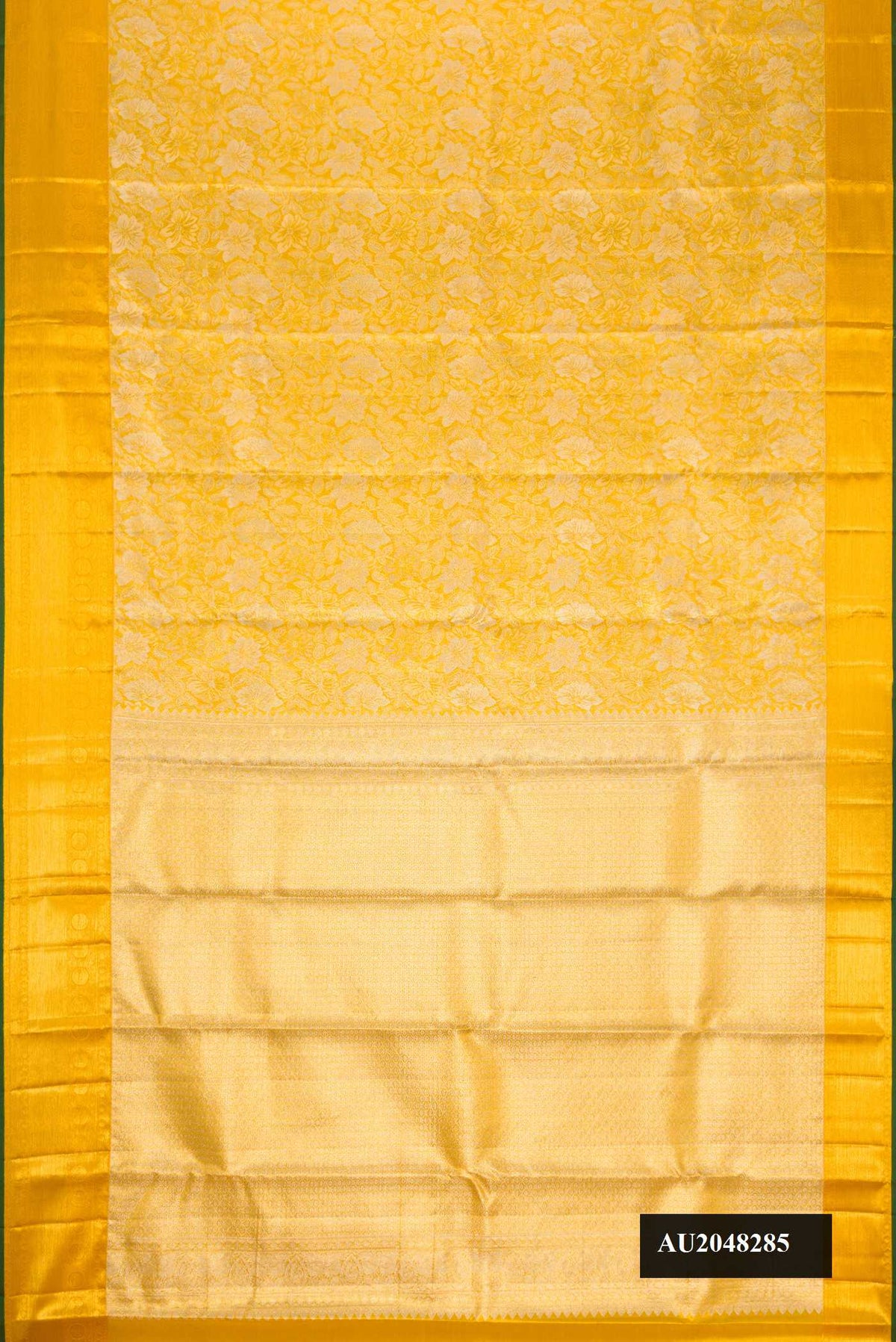 Gold Dual Tone Kanchipuram Tissue Silk Saree with Zari Brocade on the body and Zari Border.  displayed on a mannequin