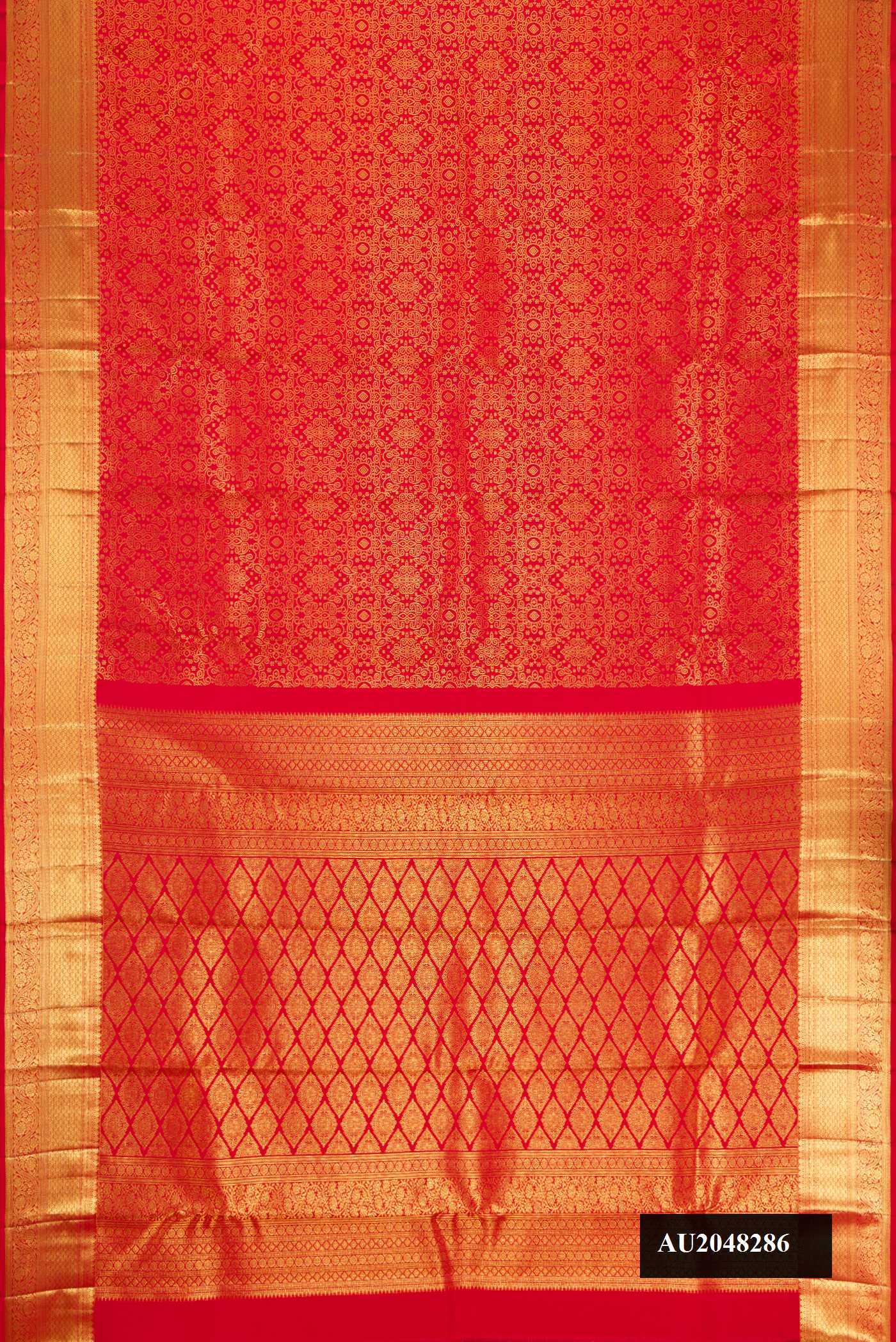 Red Dual Tone Kanchipuram Silk Saree with Zari Brocade on the body and Zari Border.  displayed on a mannequin