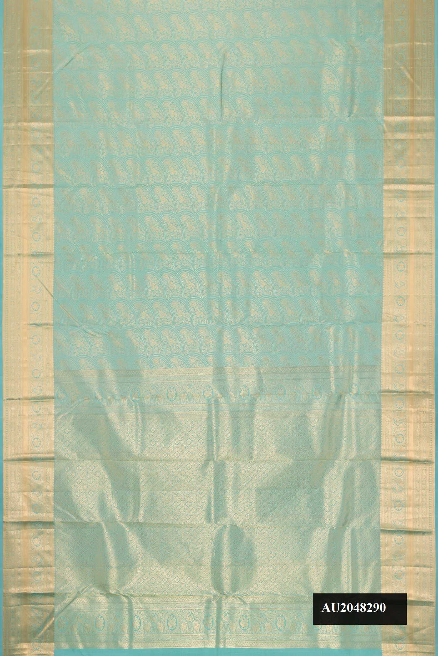 Light Blue Dual Tone Kanchipuram Silk Saree with Zari Brocade on the body and Zari Border.  displayed on a mannequin