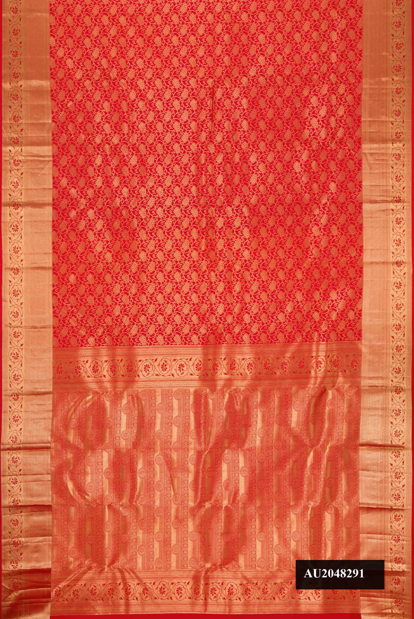 Orange Dual Tone Kanchipuram Silk Saree with Zari Brocade on the body and Zari Border.  displayed on a mannequin